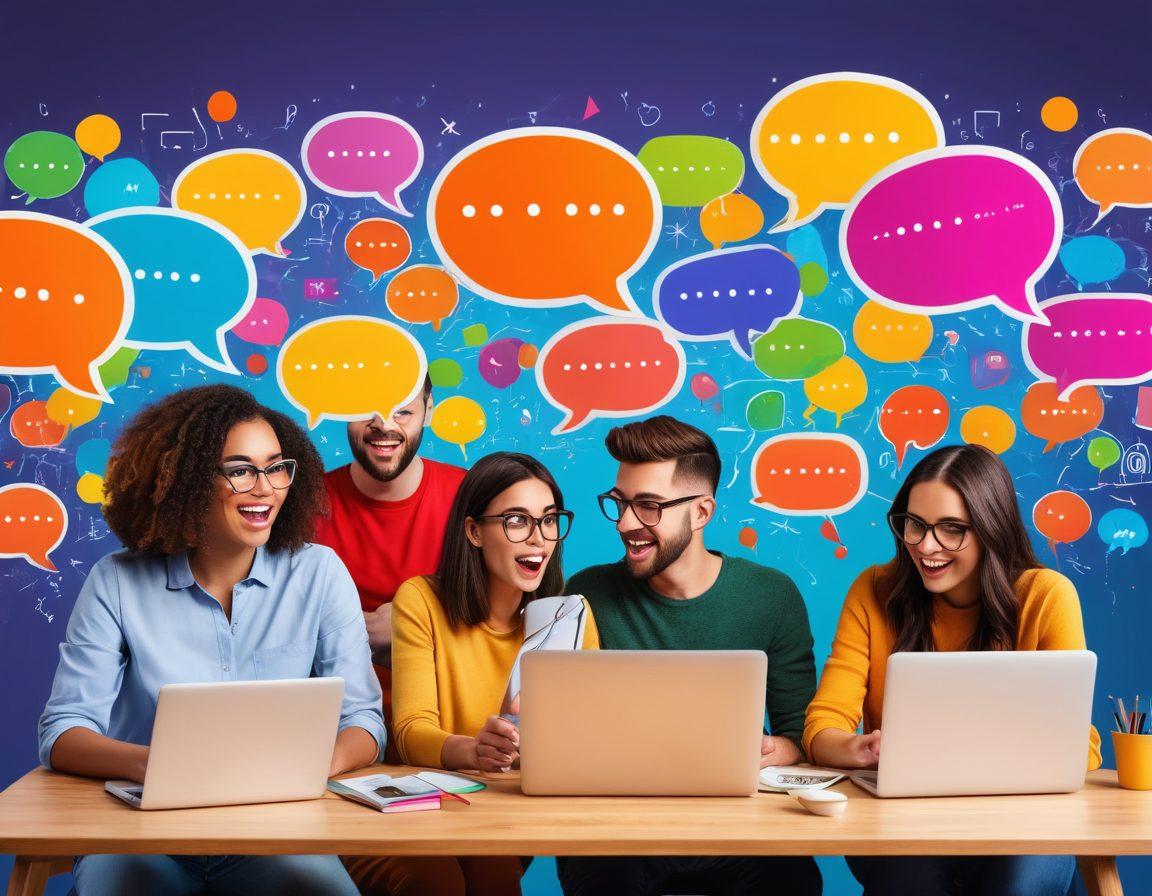 A diverse group of individuals passionately writing on laptops with speech bubbles filled with creative ideas floating around them. In the background, a colorful collage of blog pages, social media icons, and digital tools representing effective content creation. The scene should feel energetic and inspiring, capturing the essence of unleashing one's voice. vibrant colors. 3D.