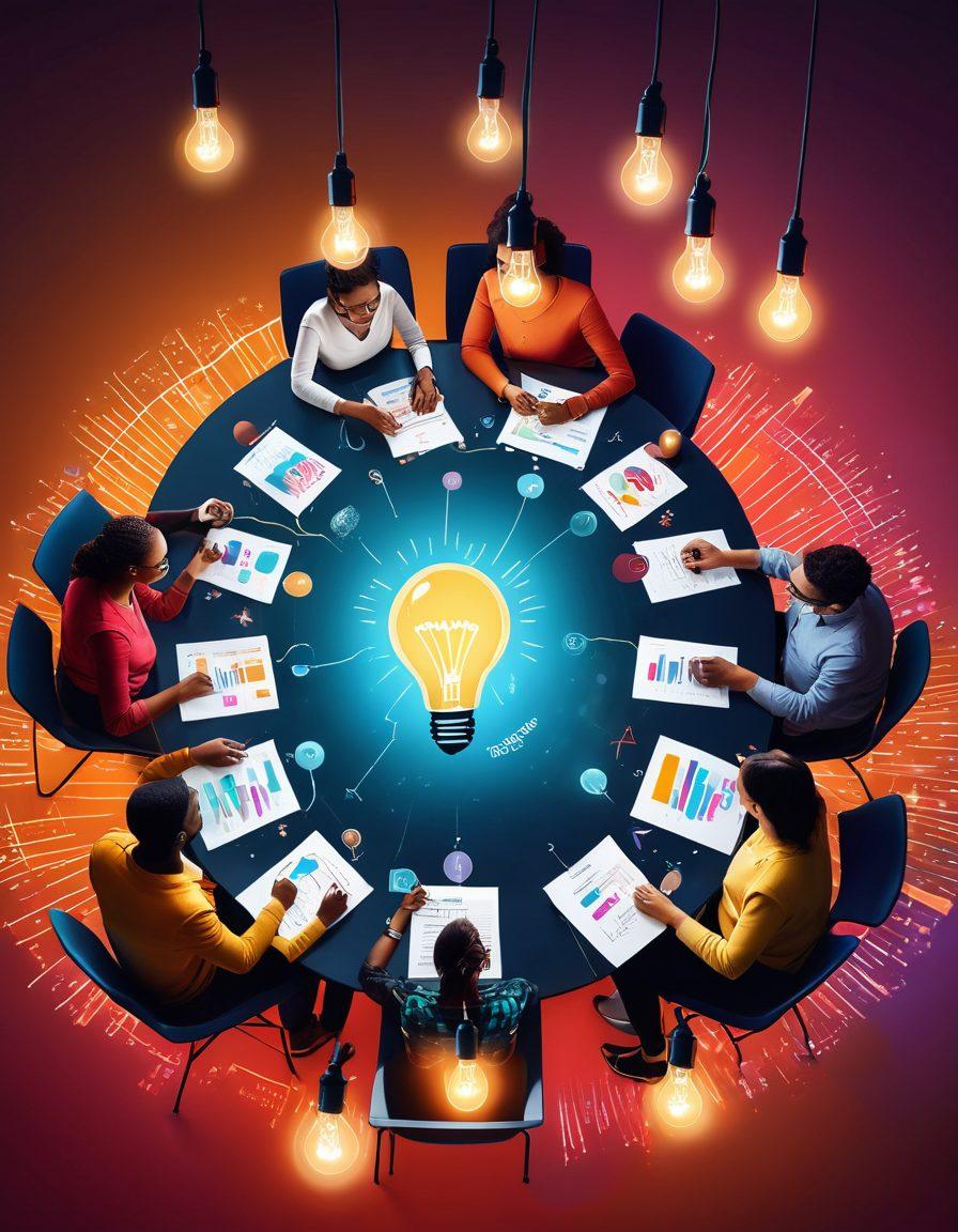 A vibrant illustration of a diverse group of confident individuals brainstorming at a round table, surrounded by colorful light bulbs symbolizing innovative ideas floating above them. In the background, a digital map of the blogosphere with various blogs represented as nodes connected by lines, radiating energy and creativity. Engaging colors and dynamic shapes to convey movement and collaboration. super-realistic. vibrant colors. digital art.