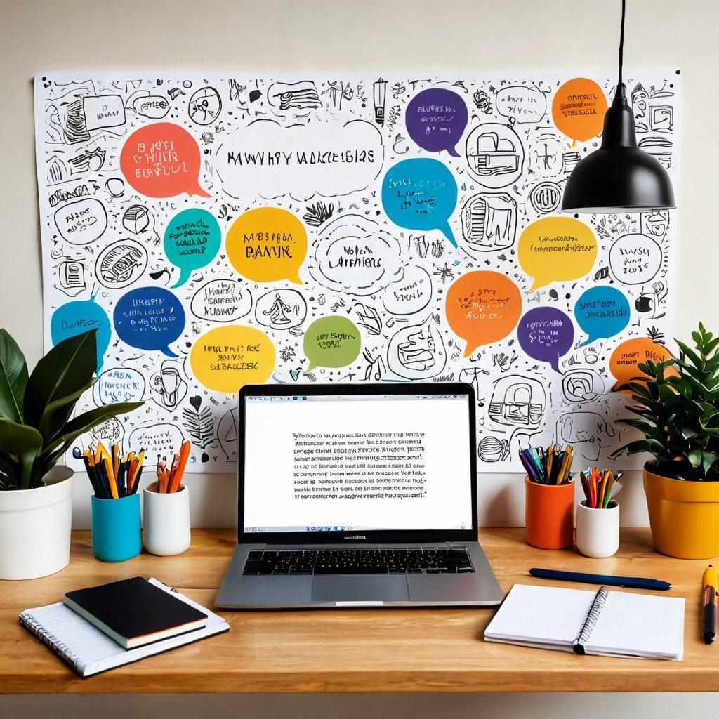 A creative workspace featuring a diverse set of tools for writing, such as colorful notebooks, pens, and a laptop with an inspiring quote on the screen. Surrounding the workspace are illustrations of diverse voices represented as vibrant speech bubbles, each containing snippets of engaging content ideas. The setting is warm and inviting, filled with natural light and plants to enhance creativity. super-realistic. vibrant colors. cozy atmosphere.